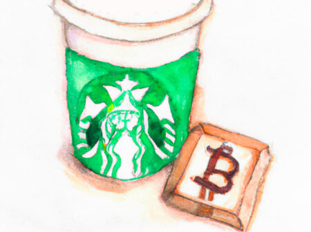 una tazza di starbucks con il logo di bitcoin